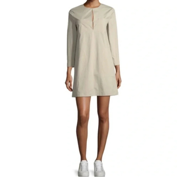 Theory Jullitah B Split-Front Poplin Tunic Dress 3/4 Sleeve Tan Neutral Size 2 - Picture 1 of 14